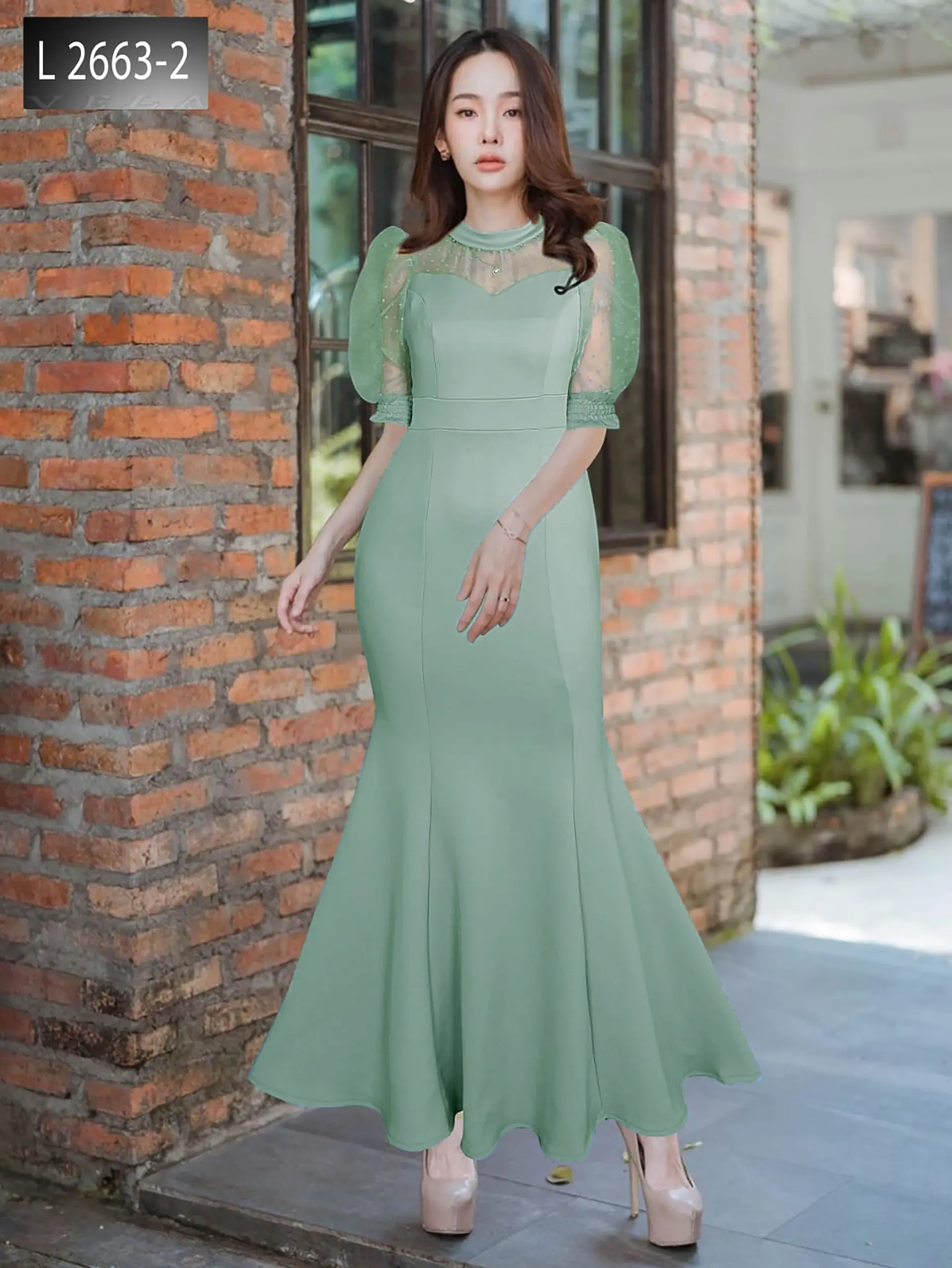 Joanne Fashion | Dress Pesta Wanita Panjang Mewah Elegan Fit Formal Lengan Puff Tile 3/4 Rok Duyung Mermaid Bahan Scuba Premium Terbaru (2663)