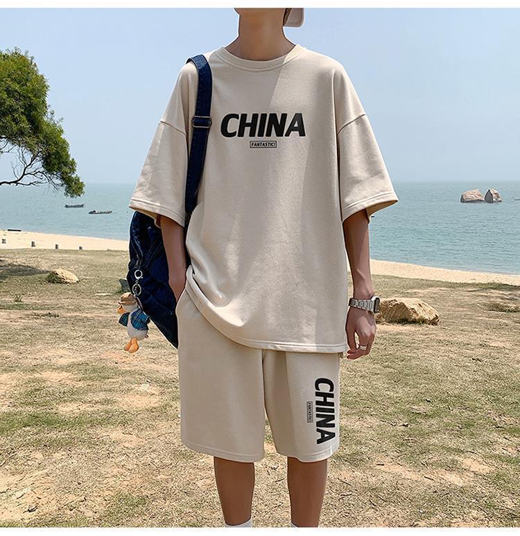 Product Introduction of Summer New Trendy Hong Kong Style Simple Letter Printing Leisure Sports Suit Green Student Short Sleeve Shorts Two Pieces Suit Menswear Overalls Lingerie Formal 19