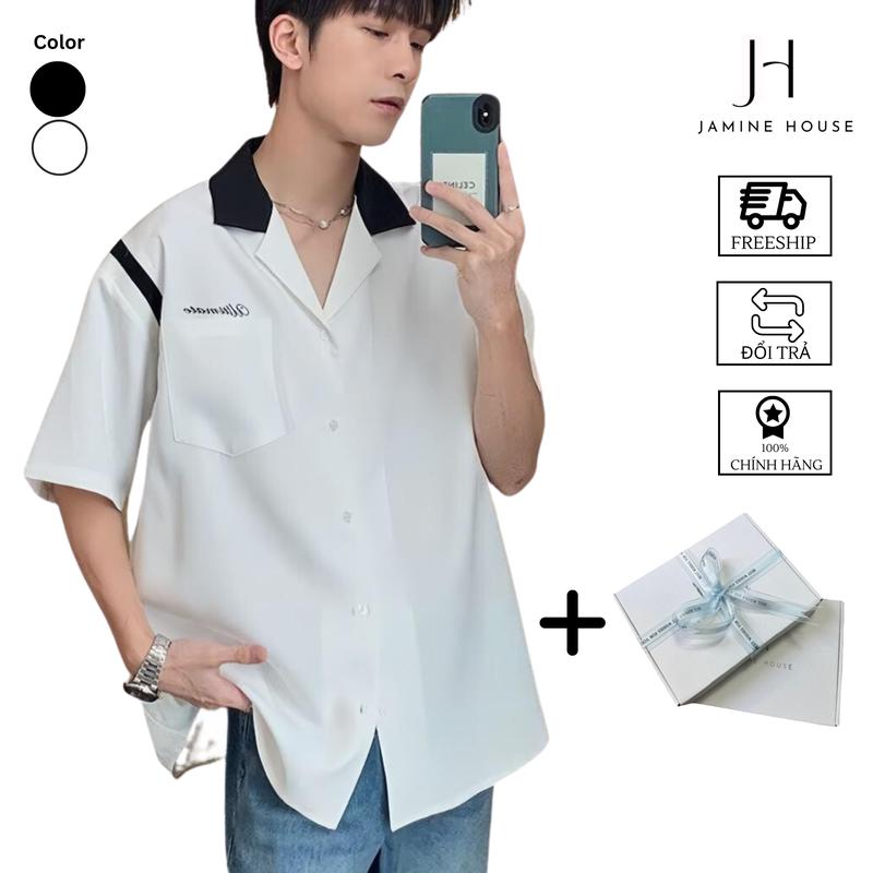 [ CÓ BIGSIZE ĐẾN 105KG ] Áo sơ mi nam nữ JAMINE HOUSE cổ vest tay ngắn túi họa tiết thêu cá tính trẻ trung Unisex Menswear Đen Tre Thun M Unisex Shirts cổ v form rộng somidep - Tết, - Xmas