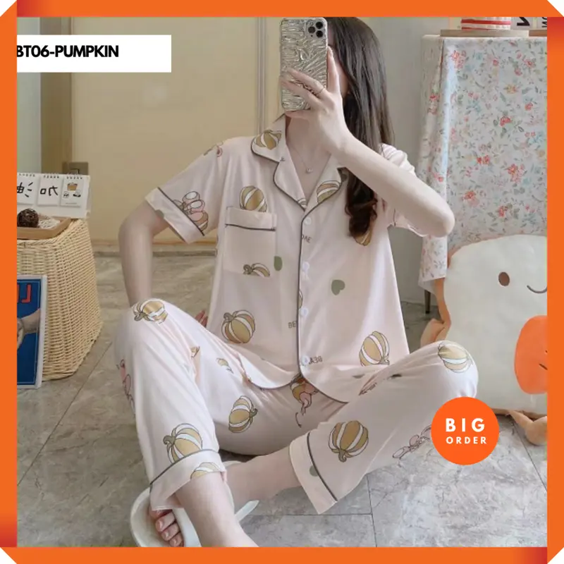 TERSEDIA Set Baju Tidur Piyama Model Korea Kemeja Lengan Pendek Celana Panjang PART 3 - BO - BT06 Fit Katun Lembut Motif 0