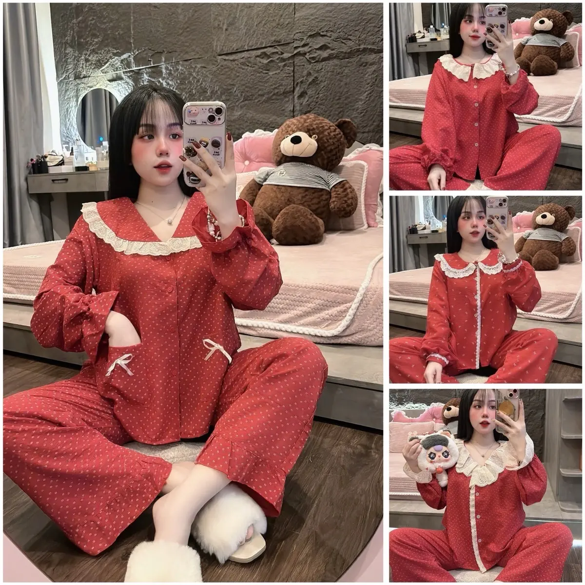 Đồ Bộ Nữ Chất Vải Đũi Hoa Nhí Đỏ , bộ pijama đũi tiểu thư , bộ ngủ thu đông freesize 40-60kg [ Tổng Hợp Mẫu ] Women Nhung Voi  Kem