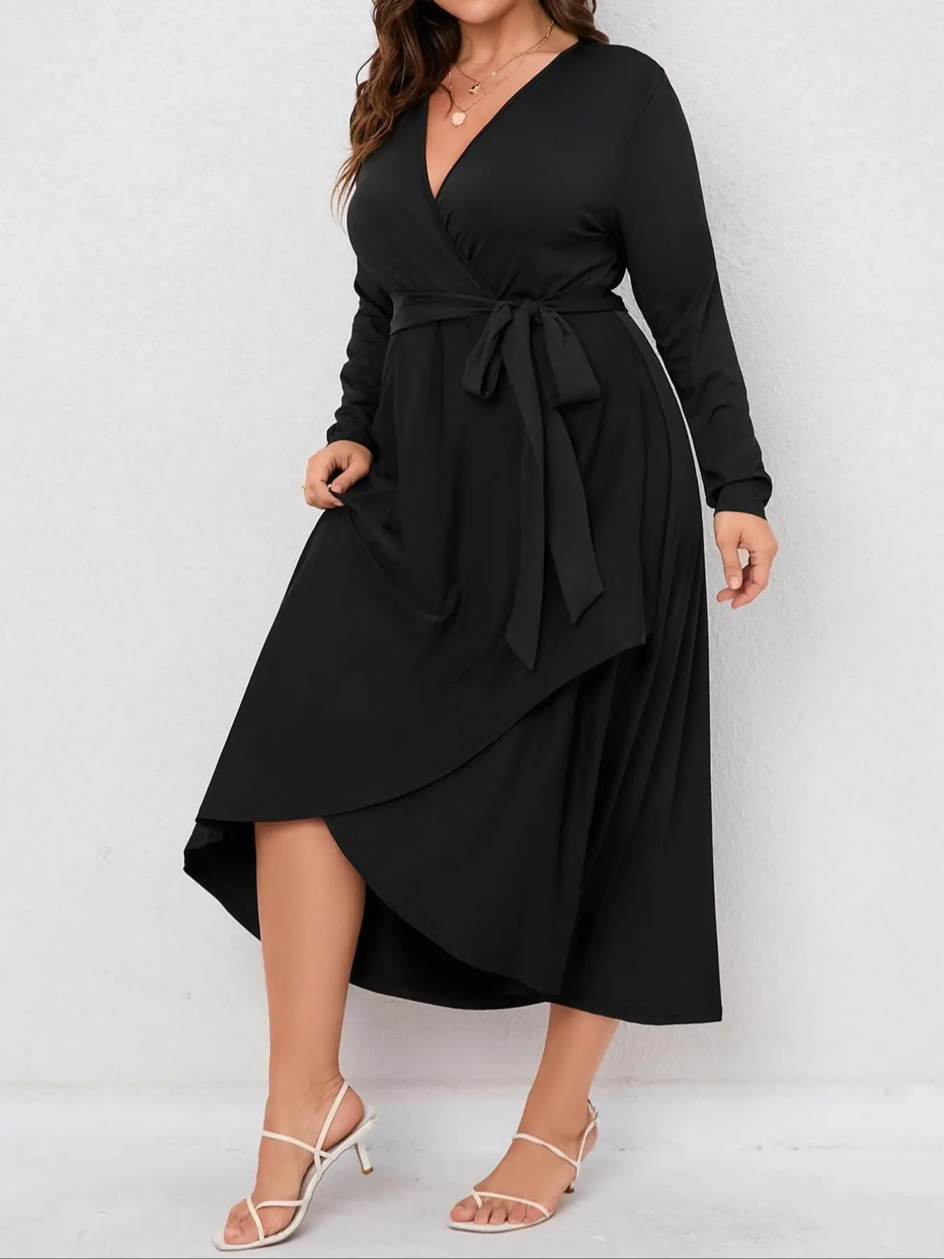 Plus Size Plain V Neck High Waist Belted Dress, Women's Casual Long Sleeve Knot Side Asymmetrical Hem Wrap Midi Dress, Women Plus Dress for Daily Wear Outdoor Holiday