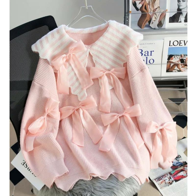 (HÀNG QC) (KÈM NƠ) Áo len kiểu nữ chất dệt kim FORM RỘNG cổ lá dài tay họa tiết đính nơ màu hồng thu đông Hàn Quốc Kozoda AL415 Women Kem