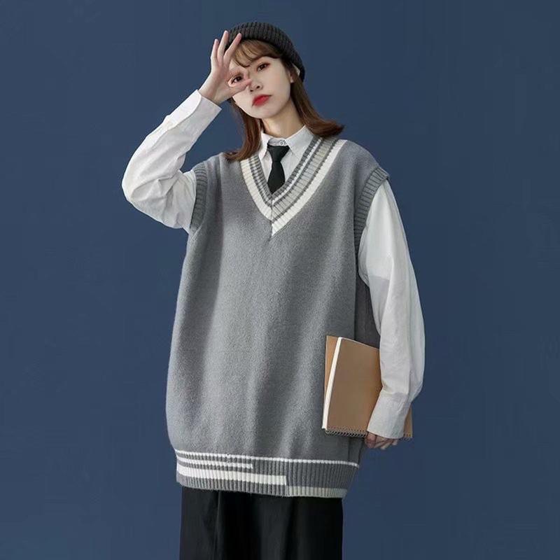 Áo gile len nam nữ trắng đen xám sọc viền Hàn Quốc unisex form rộng khoác ulzzang mới 2023 đồng phục PREPPY gilet 6