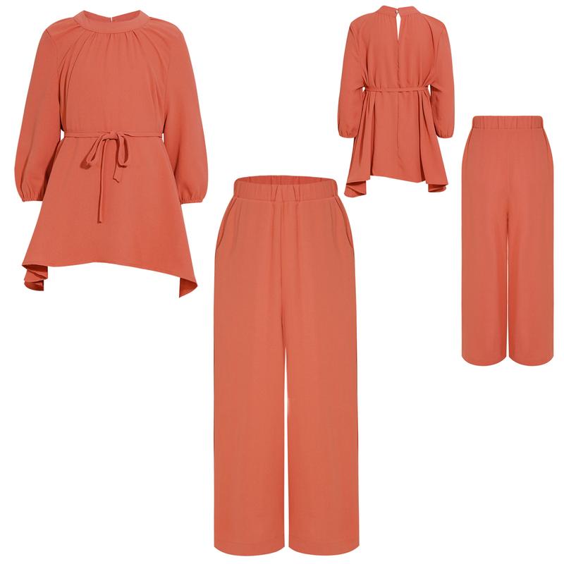 Sholeno Kids Girls Casual Muslim Outfit Round Neck Long Sleeve Loose Ruffled Top with Wide-Leg Pants Belt 3