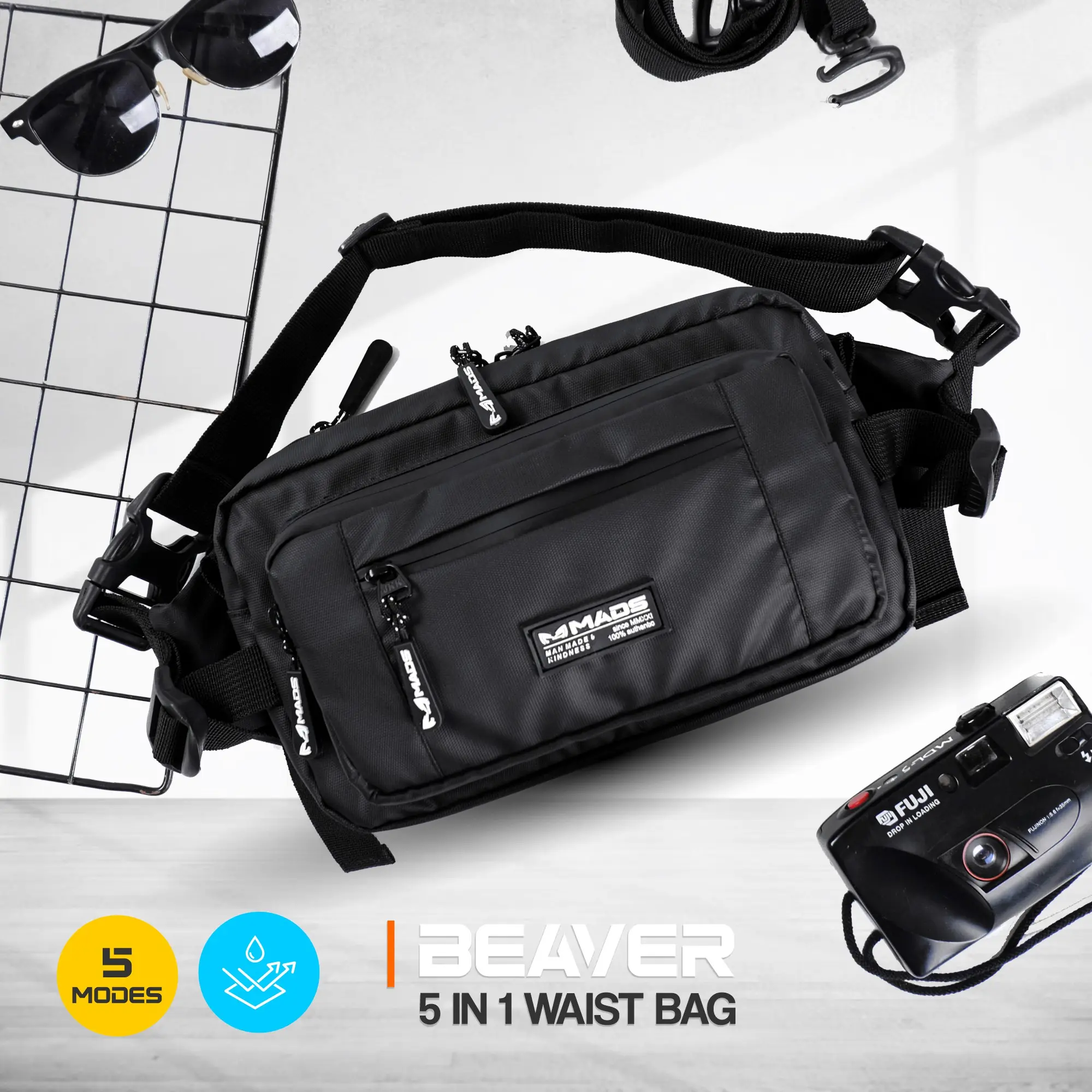 Mr Mads - Beaver Waist Bag - Tas Pinggang ShoulderBag SlingBag HandBag ChestBag (Bisa Dijadikan 5 Model) - Waterproof Waistbag Pria