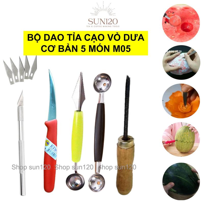 Bộ dao tỉa 5 món M05 dao tỉa hoa quả dao sủi muỗng múc dưa hấu dao khắc trang trí trái cây