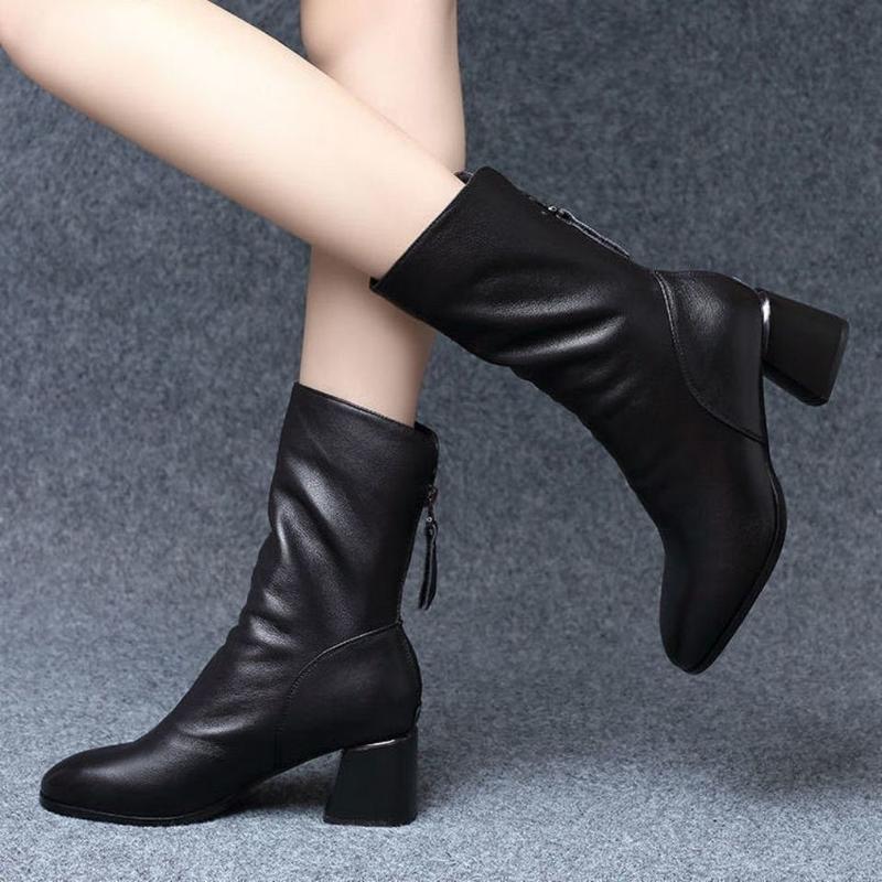Bốt Cao Su Tổng Hợp, Bốt Cao Đến Mắt Cá Chân Mũi Nhọn Gót Chunky, Giày Da Gót Trung Bình Bốt Martin, Dành Cho Nữ, Bộ Sưu Tập Thu Đông, Hàng Mới Về 2023 7