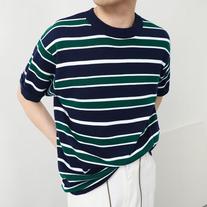 Áo thun Dệt Họa Tiết Kẻ Sọc Ngắn Tay Dáng Rộng Vải Mát Thời Trang Mùa Hè Cổ Tròn Menswear