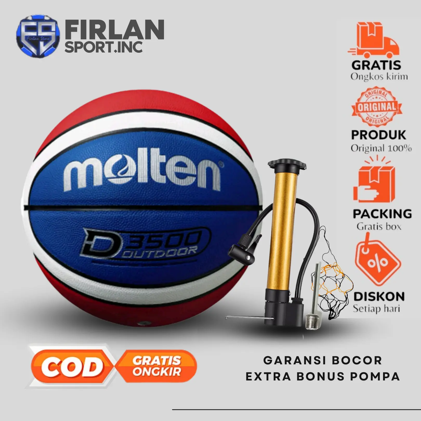 BOLA BASKET SIZE 7 MOLTen OUTDOOR tife D3500  satu paket dewasa ( COD )