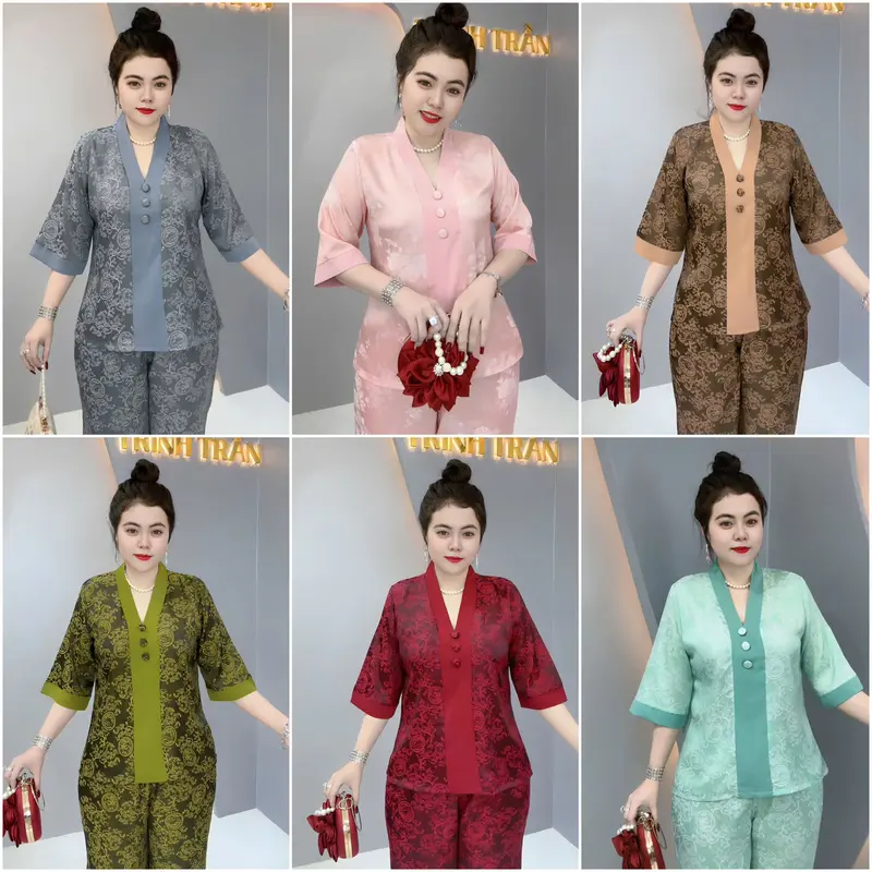 Bộ BÀI LAI GẤM NÚT BỌC tay lỡ quần dài, bộ gồm 2 món áo và quần. 0