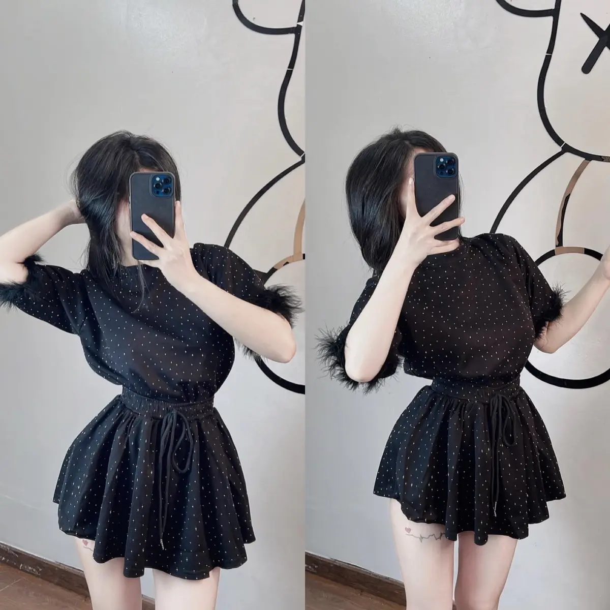 HB67- sét bộ nhung đính đá phối tay lông áo rộng cổ tròn, váy xòe co lưng thun ( HP- freesize 38-56kg) Women Thun