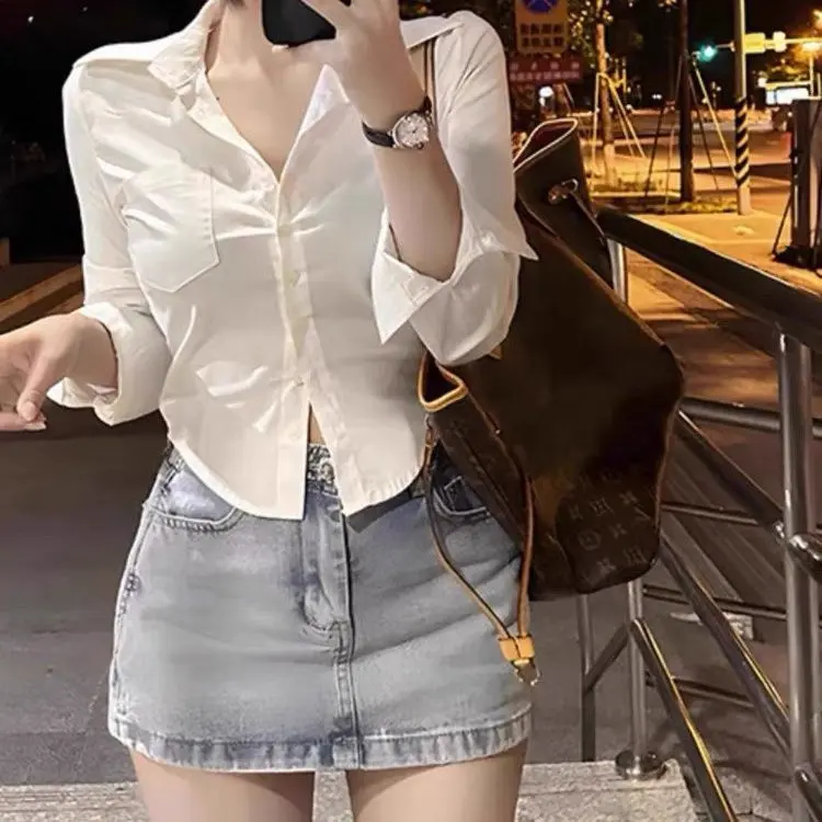 Áo Sơ Mi Dài Tay Bó Sát Eo, Phong Cách Preppy Nữ, Phong Cách Dễ Thương Và Gợi Cảm, Dễ Phối Đồ, Áo Sơ Mi Trắng, Áo Ôm Sát Bên Trong, Áo Trơn Hàng Mới Về, Bán Chạy Women Top Shirt 8