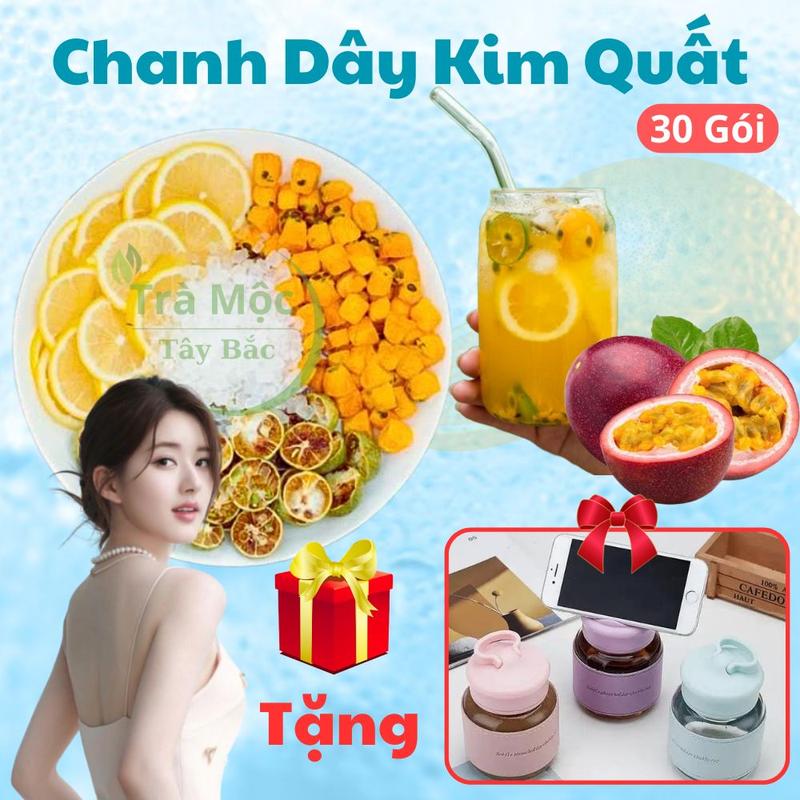 Hộp 30 gói Tặng Bình Bọc Da Trà chanh dây kim quất - hỗ trợ đẹp da detox thanh nhiệt bổ sung vitamin C Thảo mộc tự nhiên Tây Bắc Sấy Thăng Hoa Chanh Dây Cam Vàng Quất Xanh nước chè trà tea