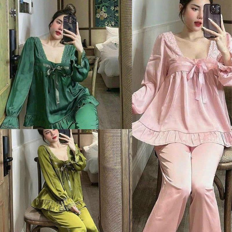 H117 Bộ Ngủ Dành Cho Nữ Cổ Vuông Áo Tay Dài Viền Ren Có Dây Nơ Buộc Quần Có Túi Chất Liệu Lụa Xước Trơn Mặc Thoải Mái Phù Hợp Người Từ 40-60KG Sen Thun Sen Thun