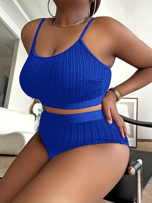 Plus Size Summer Textured Bikini Set, Casual Comfy Swim Top & High Waist Swim Bottom Swimsuit Set, Bathing Suits 2024 for Women, Women's Swimwear for Summer 6