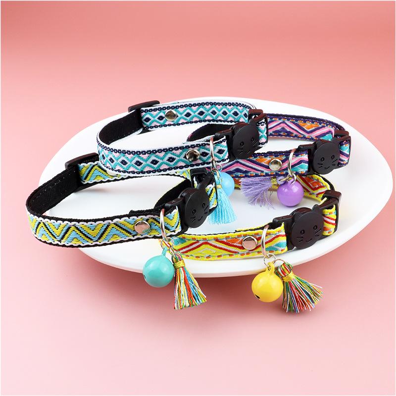 Product Introduction of Adjustable cat collar with tassels and bells embellished pet collar colorful plaid jacquard pattern for cat and dog collars 10