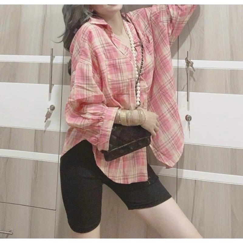 Áo sơ mi kate tay dài mỏng kẻ ô vuông carro hồng xanh vàng