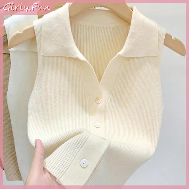 Korean Fashion Single Breasted Knit Vest Women's Solid Color Lapel Sleeveless  Tank Top