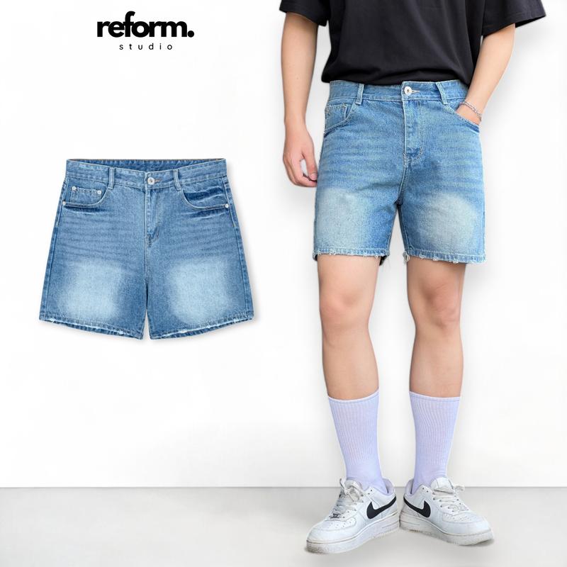 Quần Jean Short Nam, Quần Đùi Ngắn Trên Gối Xanh Rách Ống Reform RF-F12 Menswear Ong Có Túi Pants