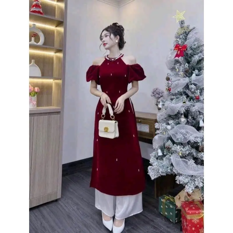 set áo dài cách tân hở vai cổ đá