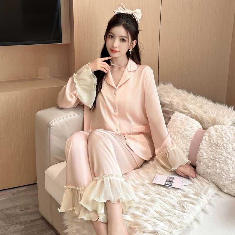 Bộ Đồ Ngủ, Chất Liệu Lụa Lạnh Dành Cho Nữ, Viền Xếp Nhún Tay Dài, Phong Cách Cung Điện, Ngọt Ngào Và Ngọt Ngào, Thích Hợp Mặc Ngủ Áo Women 4