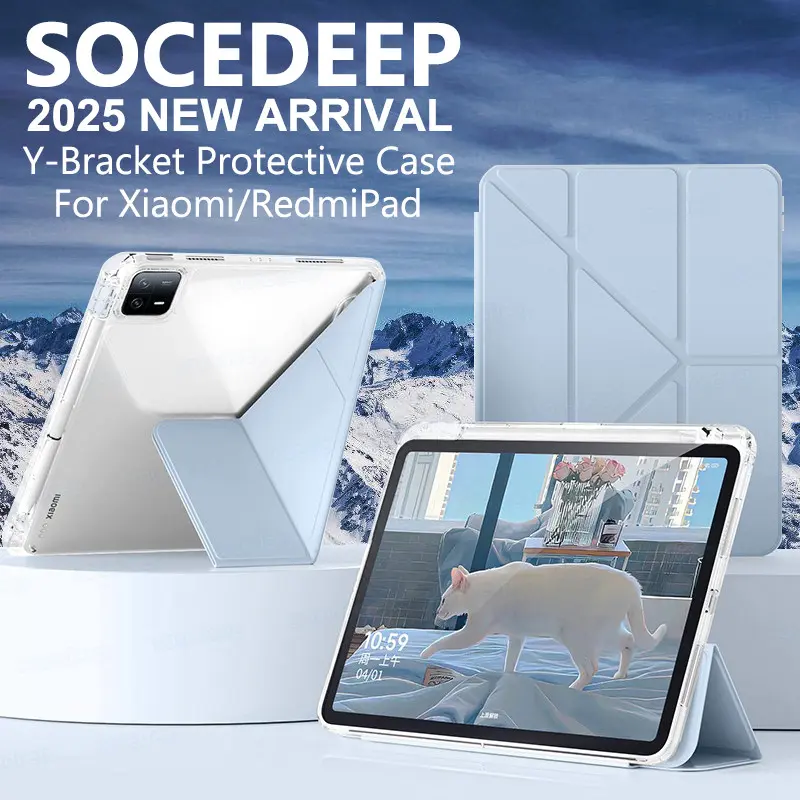 Socedeep for Y-Folding Case for Xiaomi MiPad 5 6 7 Pro RedmiPad SE 8.7 Redmi Pad 11 Pro 12.1 PocoPad 5G Casing 3+Y Premium Transparent Acrylic Cover Y Shape Case with Pencil Holder