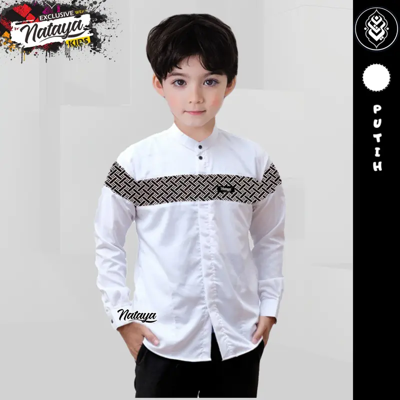 baju koko anak lengan panjang motif kombinasi batik untuk usia 9 sampai 14 tahun warna coklat putih hitam navi Atasan Katun 5