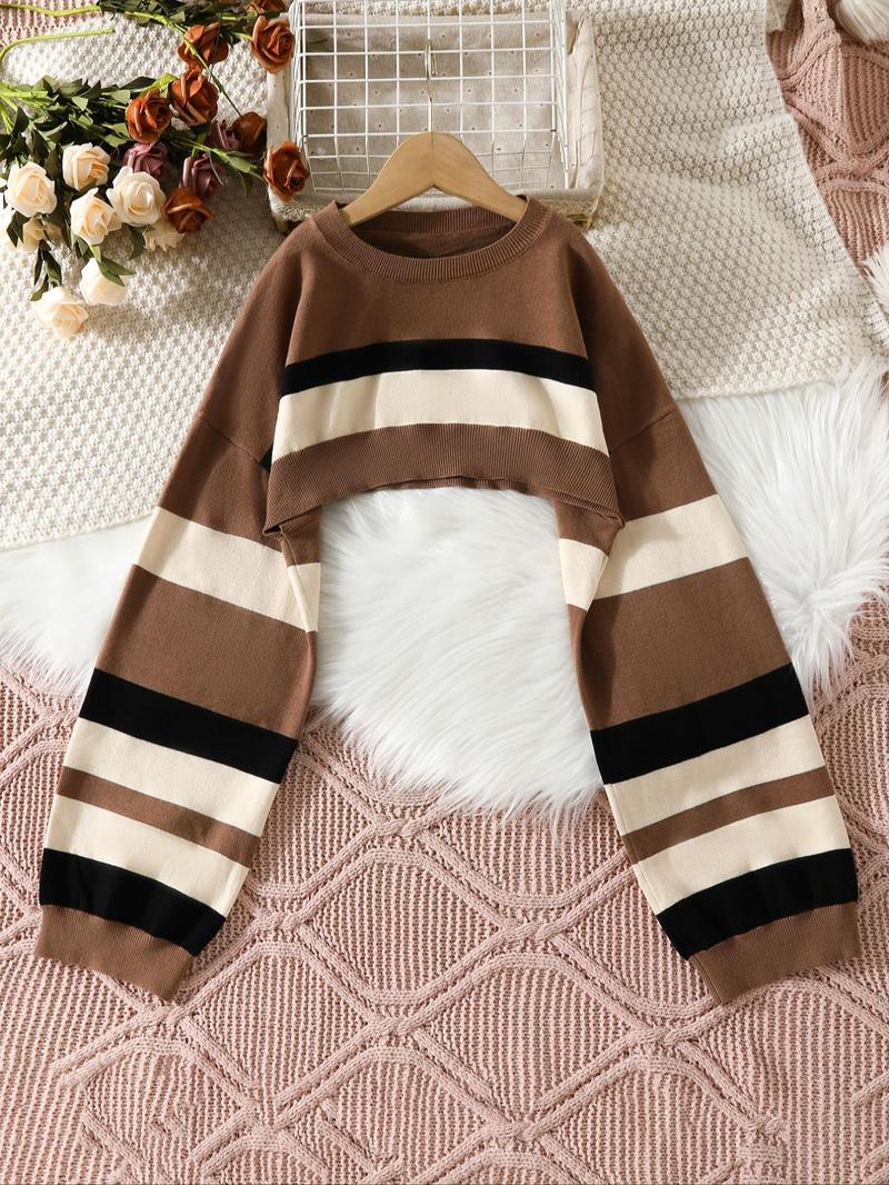 Product Introduction of Women's Striped Print Drop Shoulder Crop Sweater, Casual Extra-Long Sleeve Crew Neck Jumper for Spring & Fall, Women's Clothing for Daily Wear 12