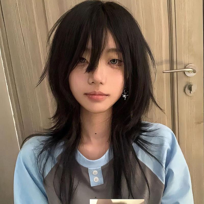 Product Introduction of Black Student Male Long Hair Wolf Tail Cos Unisex Hair Set Anime Male Mullet Head Tail Full Head Set 3