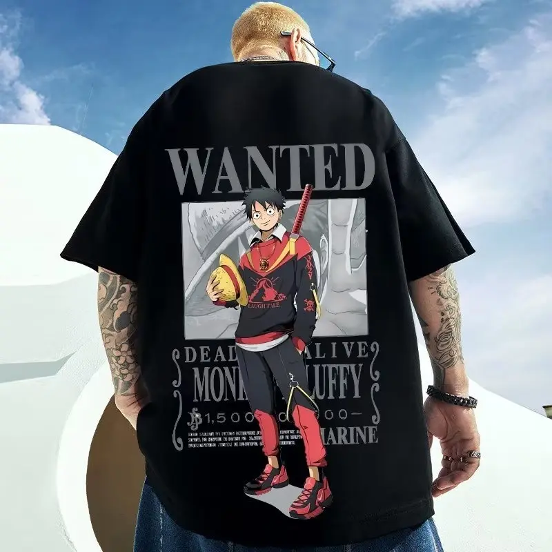 Kaos Spot summer top New Straw Hat One Piece ONEPIECE Anime Tshirts  Luffy shirt Print Pattern Tide Brand Trendy Loose Top Short Sleeve T-shirt round neck oversized shirt  for men 2