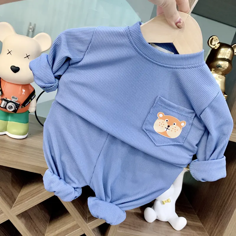Bộ quần áo thu đông chất len tăm cho bé trai bé gái, thiết kế có túi ngực cổ tròn cho em bé từ 7-19 kg 3