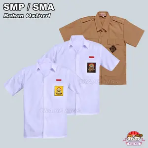 Baju Seragam Sekolah SMP SMA SMK Pendek Putih Coklat Pramuka Kemaja Atasan Putih Coklat Lengan Pendek Bet Logo  Bordir Bahan Oxford Logo