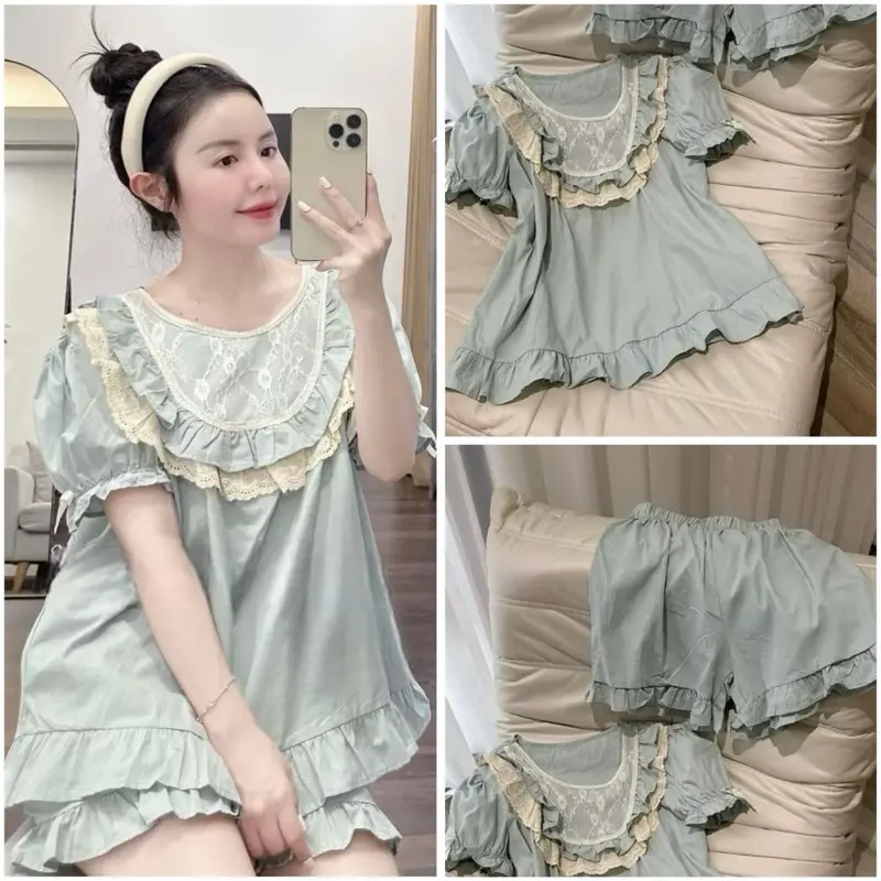 Set đồ bộ pijama tiểu thư mặc nhà vải thô đũi tàu mềm phối viền ren Ngọc Ánh Pijama cho Nữ Women Quần Ngủ Nhung Kem Tim Thun Áo Ngủ Voi Cotton pizamanu