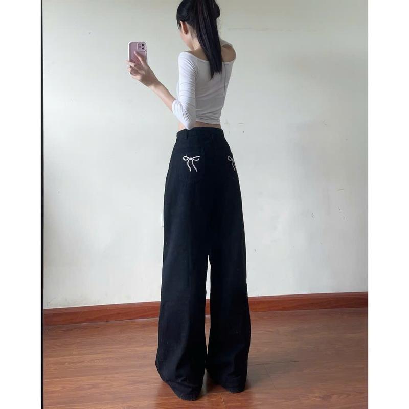 Quần jean bò ống rộng suông xuông nữ jeans cạp cao phong cách style ms19 Women Pants Voi 2