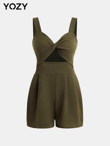 YOZY Twist Front Cut Out Shirred Wide Leg Short Romper, Elegant Sleeveless Plicated Straight Leg Romper, 2024 Women's Summer Outfits for Daily Outdoor Wear