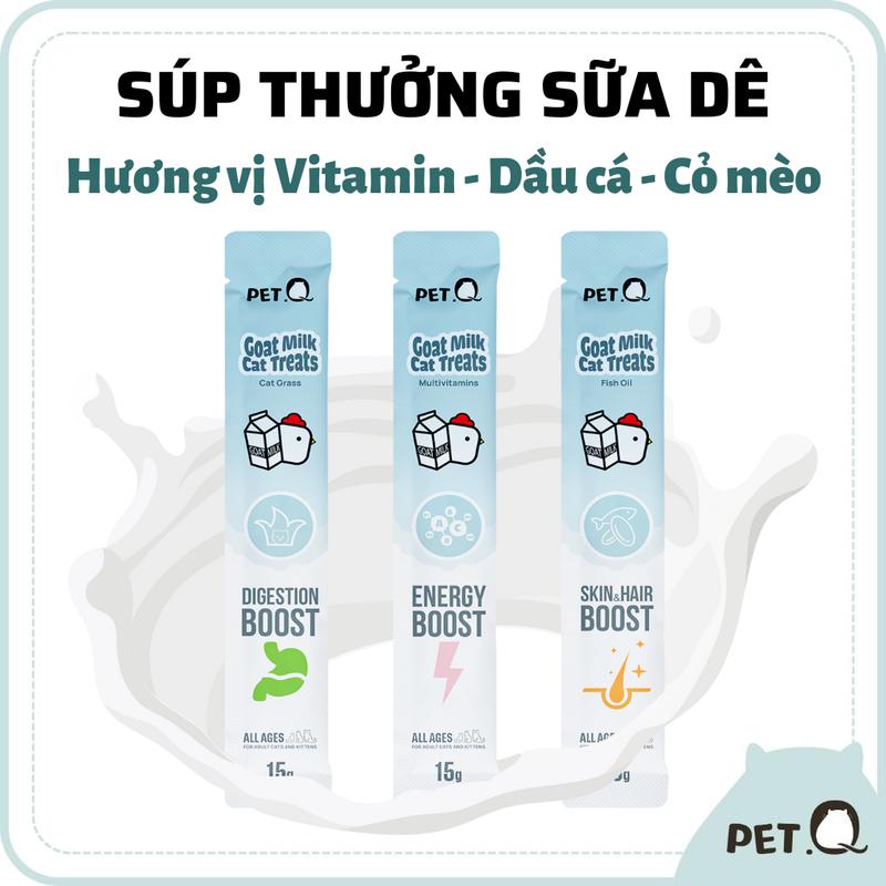  Súp thưởng cho mèo PetQ Súp thưởng sữa dê cao cấp Vitamin Dầu cá Cỏ mèo Ngon miệng Dinh dưỡng Mọi tuổi mèo 15g 