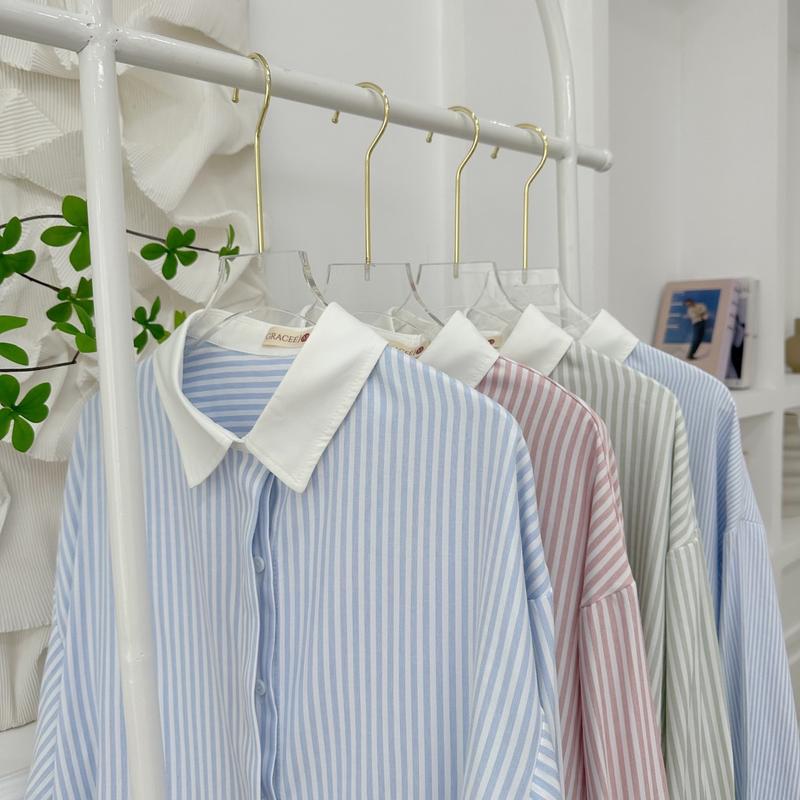 Áo sơ mi Nữ kẻ sọc phối cổ trắng chất thô đũi cotton dáng oversize Women Shirt 1