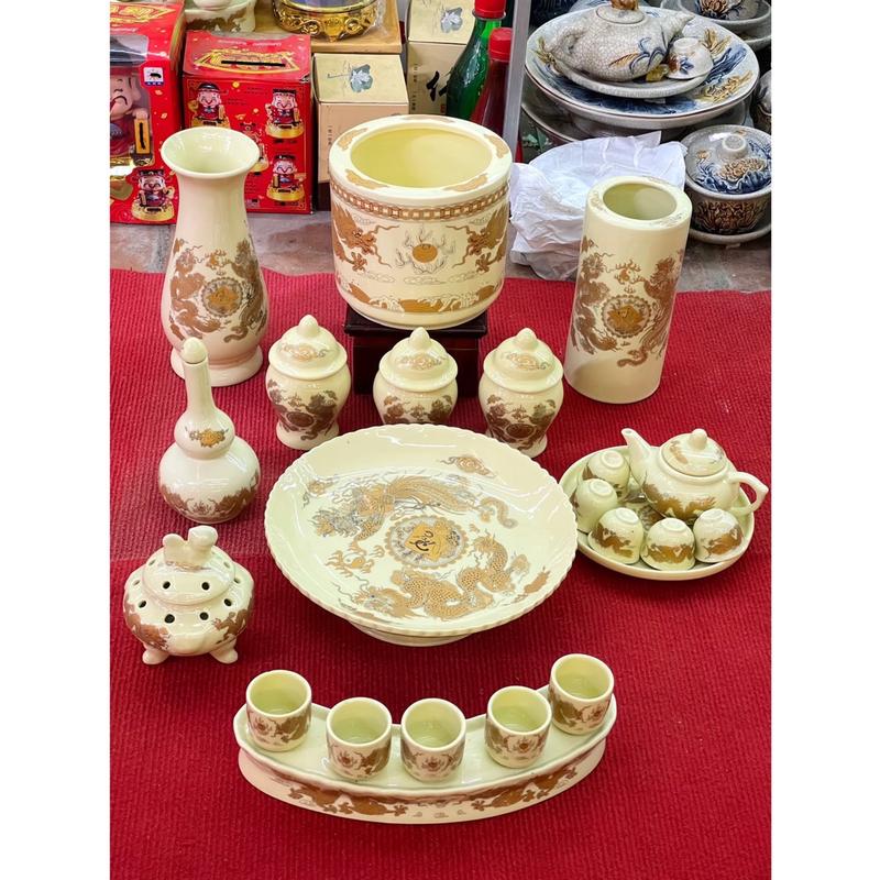 Bộ đồ thờ thần tài men vàng đồ thờ gia tiên gốm sứ Bộ đồ thờ men vàng Bát hương sứ