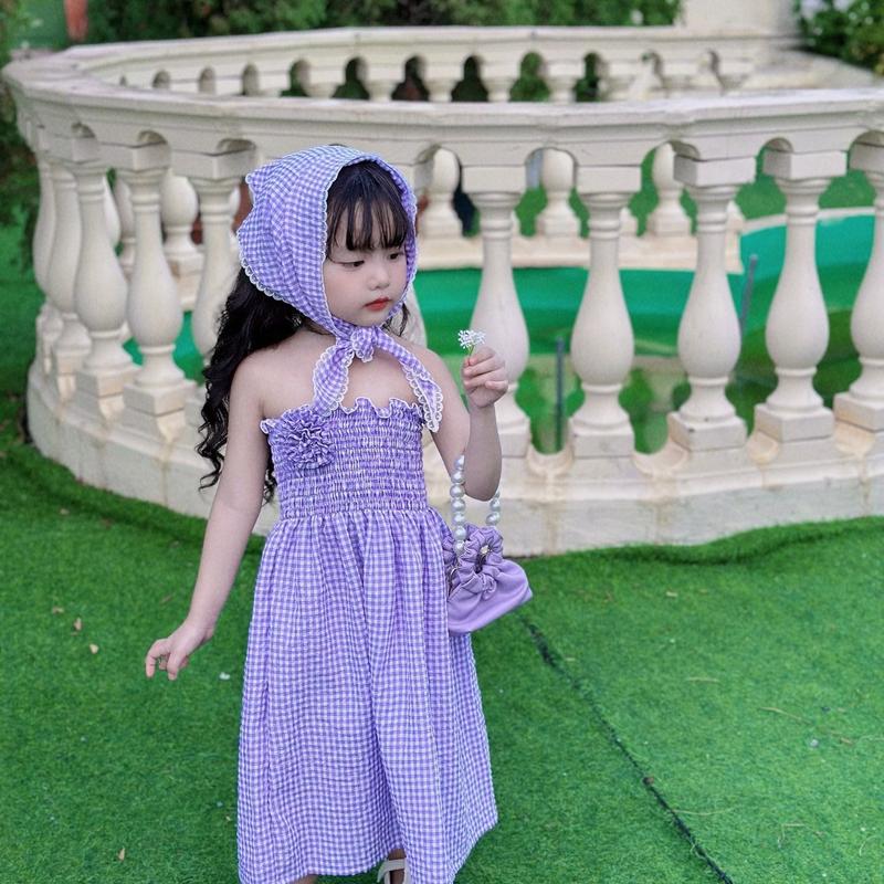 Váy maxi thun smock có cài áo hoa, kèm khăn 7