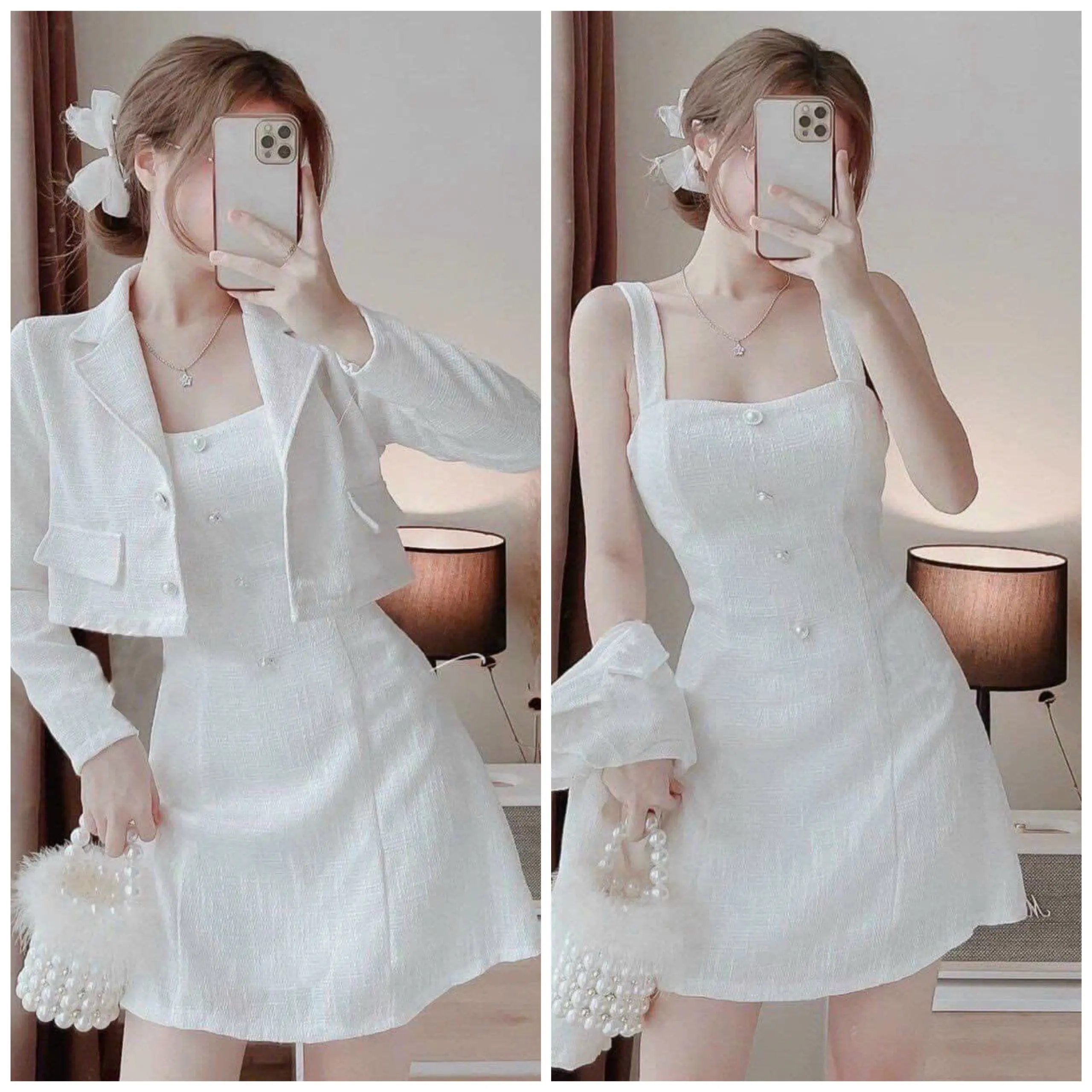 Sét đồ nữ đầm hai dây nút ngọc phối khoác tay dài cùng tông xinh xắn Dress Voan