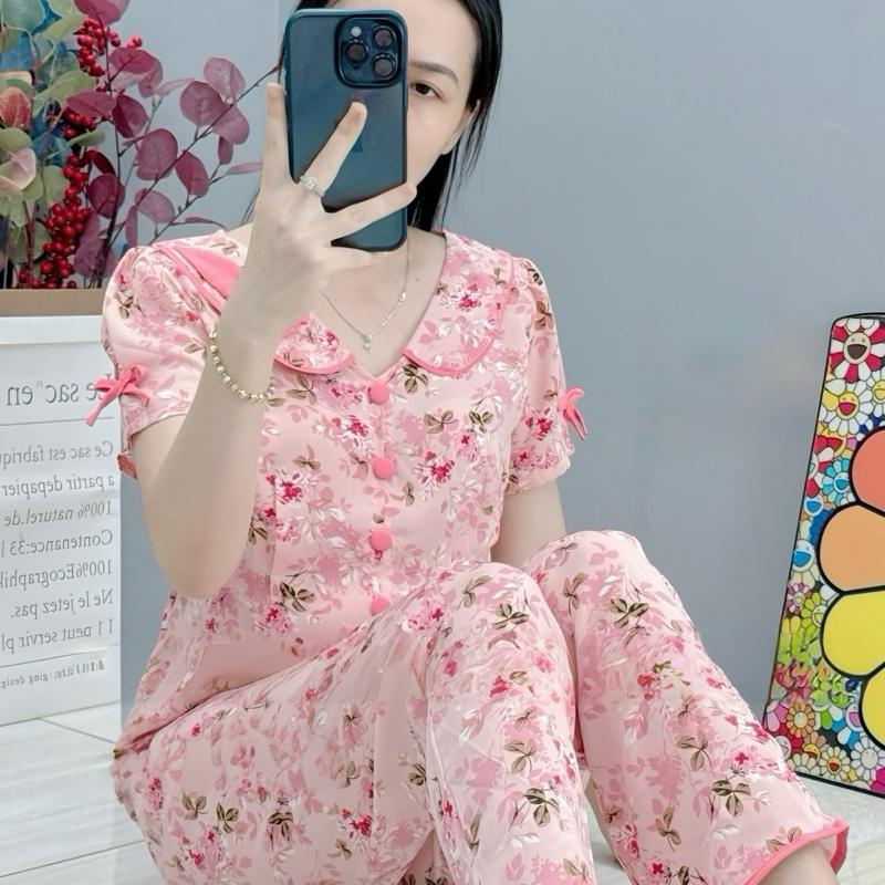 Đồ bộ dài cổ thêu bông chất liệu mango loại 1, có 4 size 44-75kg - Áo Top Tay Loe Ống Loe Ong Voi set  đồ