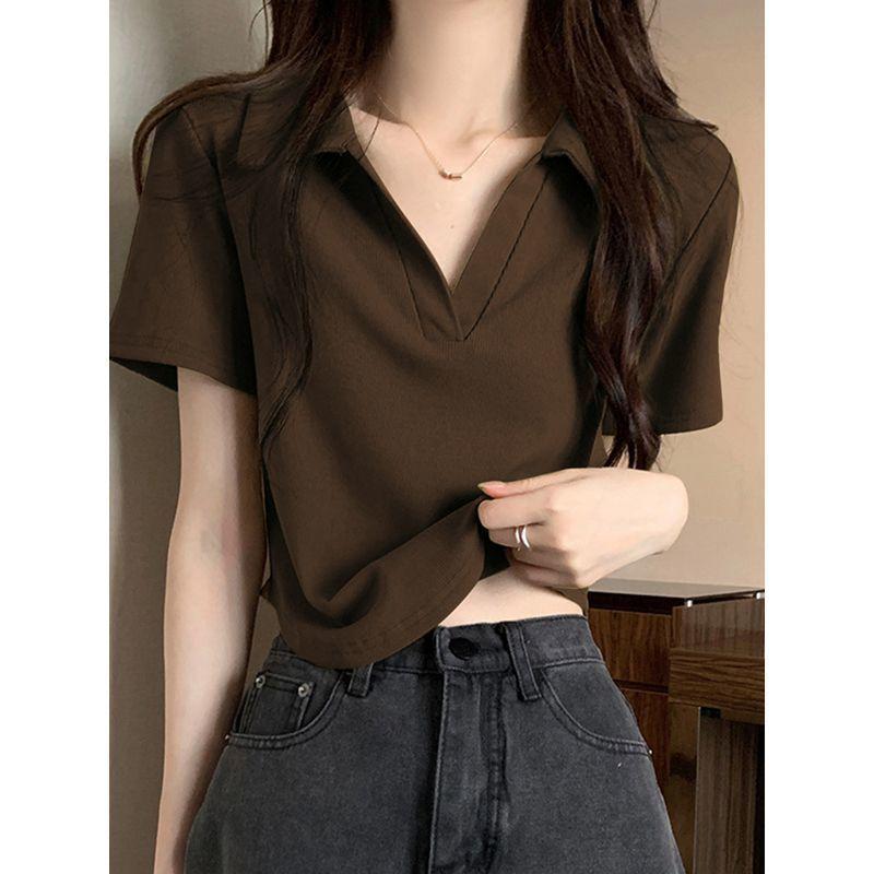 Áo Thun Ngắn Tay Cổ Polo, Màu Đỏ Rượu Vang, Dành Cho Nữ, Phong Cách Hàn Quốc, Dáng Ôm, Cổ Chữ V, Vai Nhỏ Áo Ngắn, Thích Hợp Cho Mùa Xuân Và Mùa Hè 2024 3