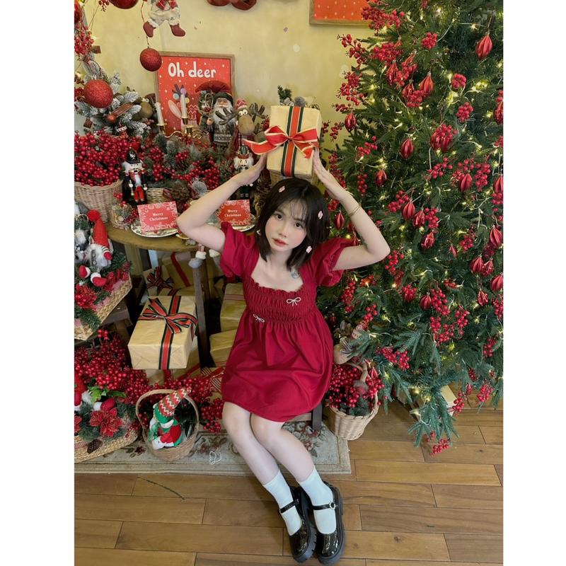 Set Váy Babydoll ngắn tay phồng Có BIGSIZE tặng kèm quần và 2 cài nơ đá Nữ Women Kem Dress