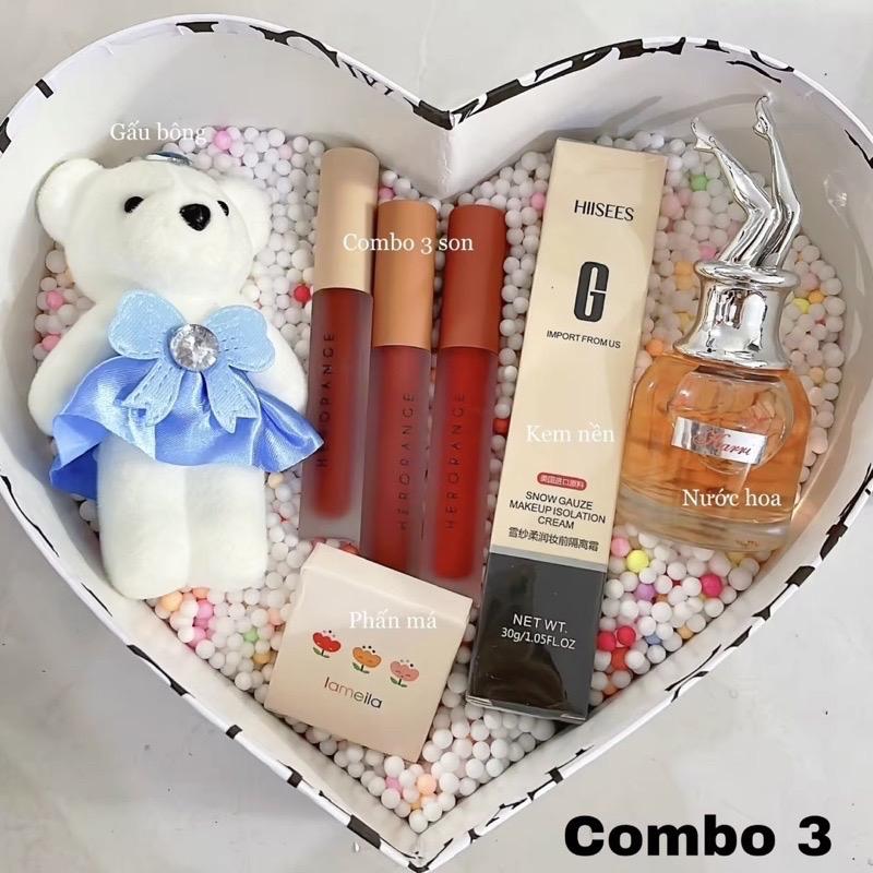 Hộp quà tặng bạn gái gồm 3 son môi phấn má nước hoa kem nền và gấu xinh