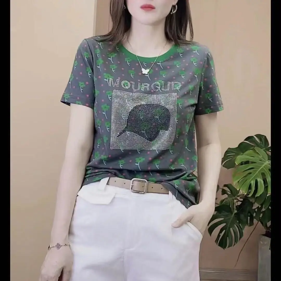 Áo Thun đính đá Chất Lượng Cao, Ngắn Tay, Thời Trang Nữ, Phong Cách Phương Tây, Trông Trẻ Trung, Áo Mỏng, Áo Thanh Lịch, Thích Hợp Cho Mùa Hè, Hàng Mới Về, 2024 Top Women Cổ Tròn
