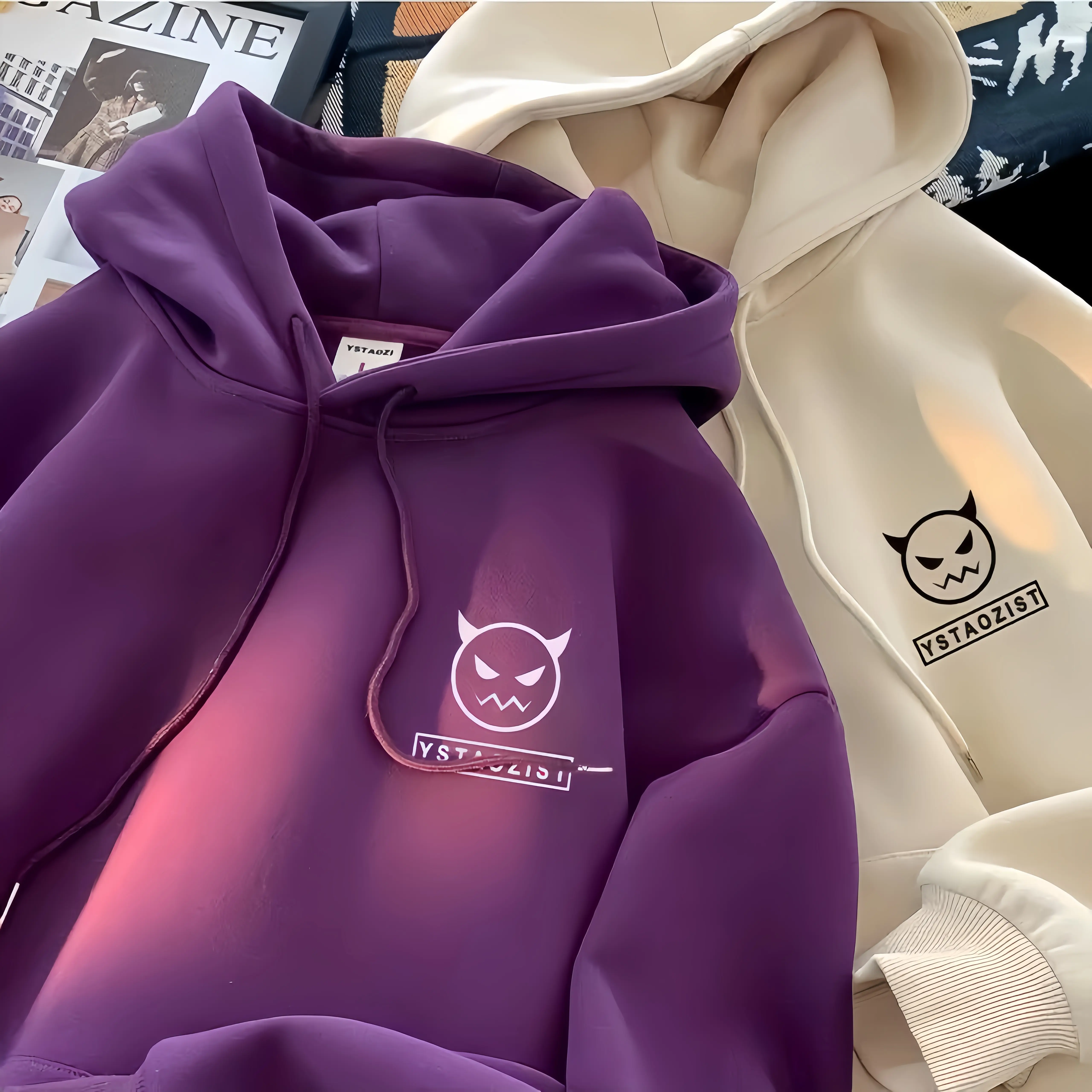 Korean Style Cotton Hooded Sweater with Little Devil Print for Men and Women - Sweaters, Menswear Casual Asian Clothing Longsleeve Pullover Silk Boho Crew Neck Elegant Fitted