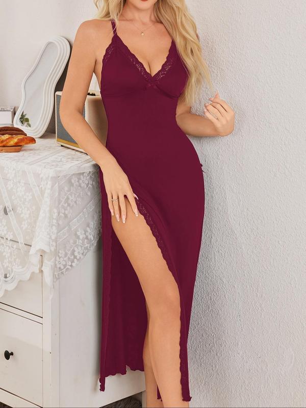 Women's Contrast Lace Backless Split Thigh Cami Nightdress, Sexy Adjustable Spaghetti Strap Sleeveless Nightgown, Soft Comfortable Sleepwear for Women, Womenswear 5