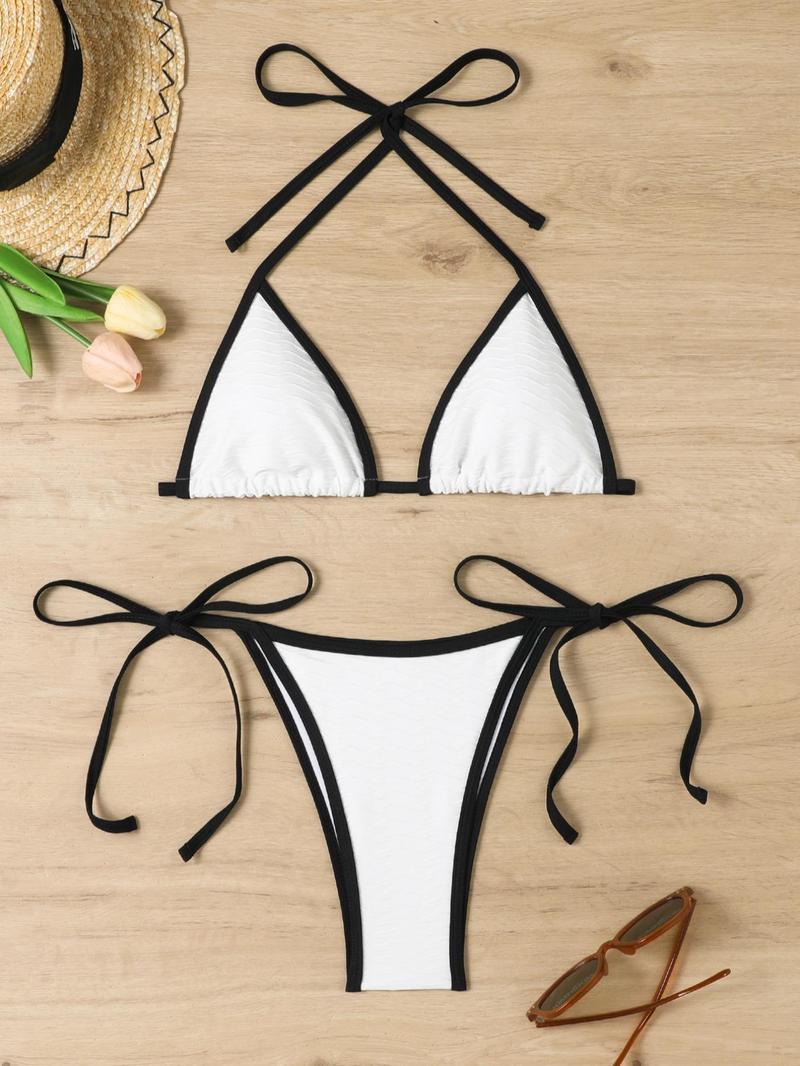 Product Introduction of Two-Piece Set Women's Boho Contrast Binding Bikini Swimsuit, Halter Neck Tie Back Triangle Swim Bra & Tie Side Swim Bottom, Ladies Summer Swimwear for Beach Holiday Vacation 17