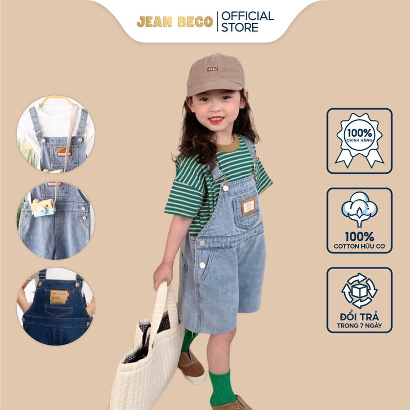 Quần yếm jeans hai dây JEANBECO, quần cho bé gái bé trai, yếm dáng ngắn rua gấu YN 011